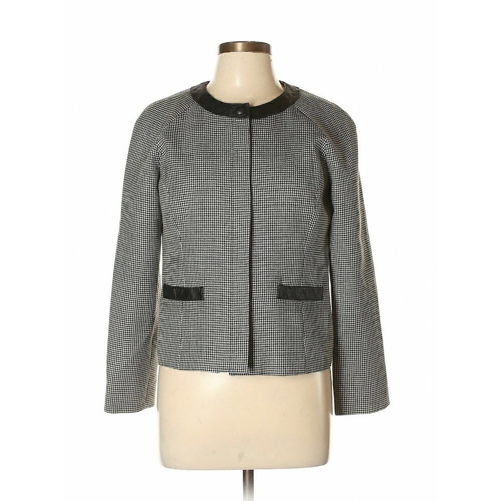 Pendleton Womens Wool Houndstooth Leather Blazer Jacket USA Black Sz 10P 10 P M